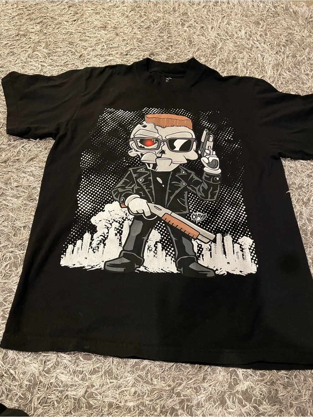 Black Graphic Tee with Cartoon Terminator
